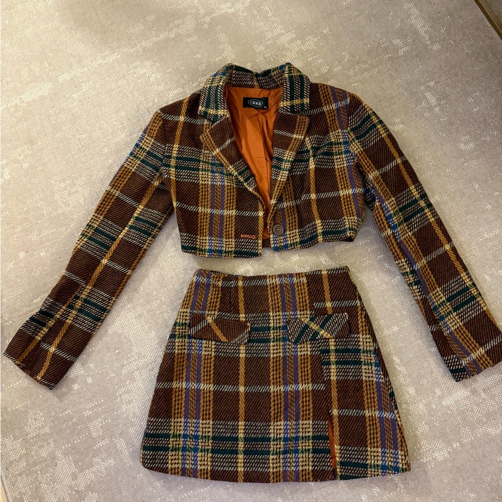 Cider Brown Plaid Cropped Jacket and Skirt Set
